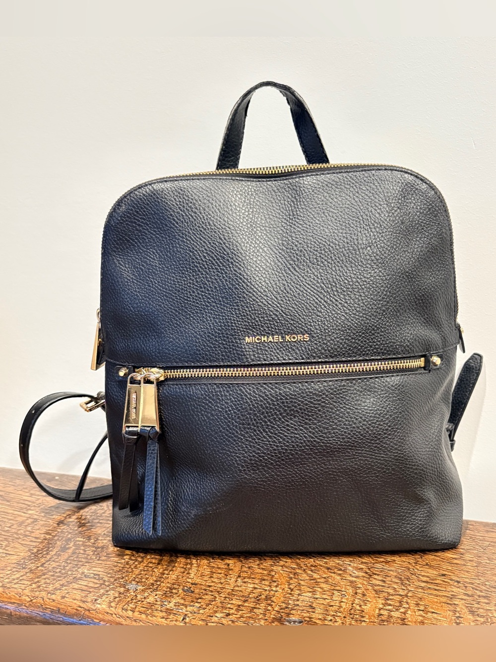 Michael Kors Rhea Medium Pebbled Leather Backpack Black Gold Zip Everyday Travel